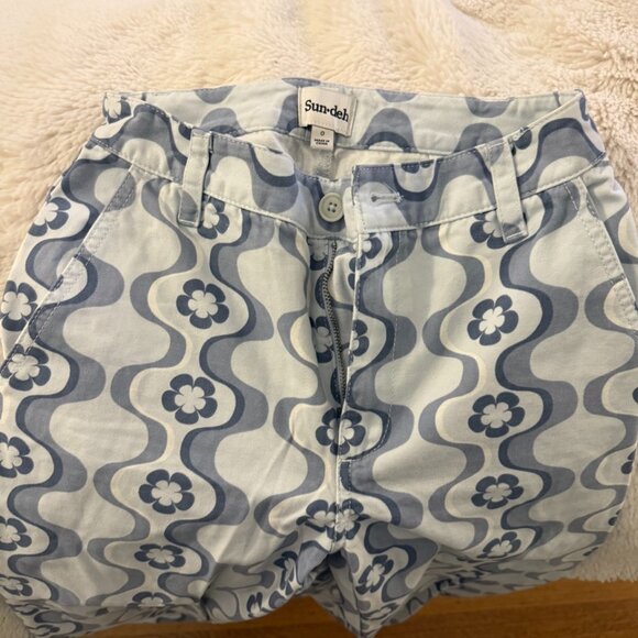 Aritzia Sun-deh Jaden 70's Vector Blue Geo Floral Twill Cotton Pant wide leg - Picture 3 of 3